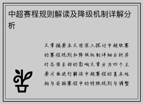 中超赛程规则解读及降级机制详解分析